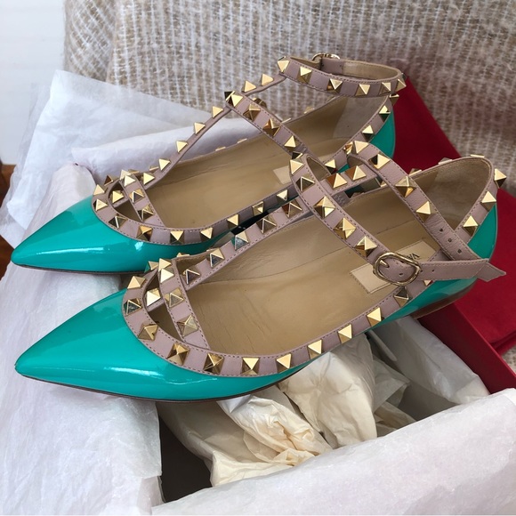 Valentino Garavani Rockstud Turquoise Cage Ballet Flat Studded Shoes Size 36 - Picture 2 of 16